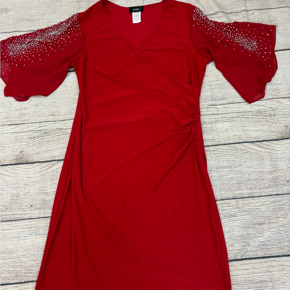 😍MSK Red Long Sleeve Midi Dress with Embellished Sleeves size 10